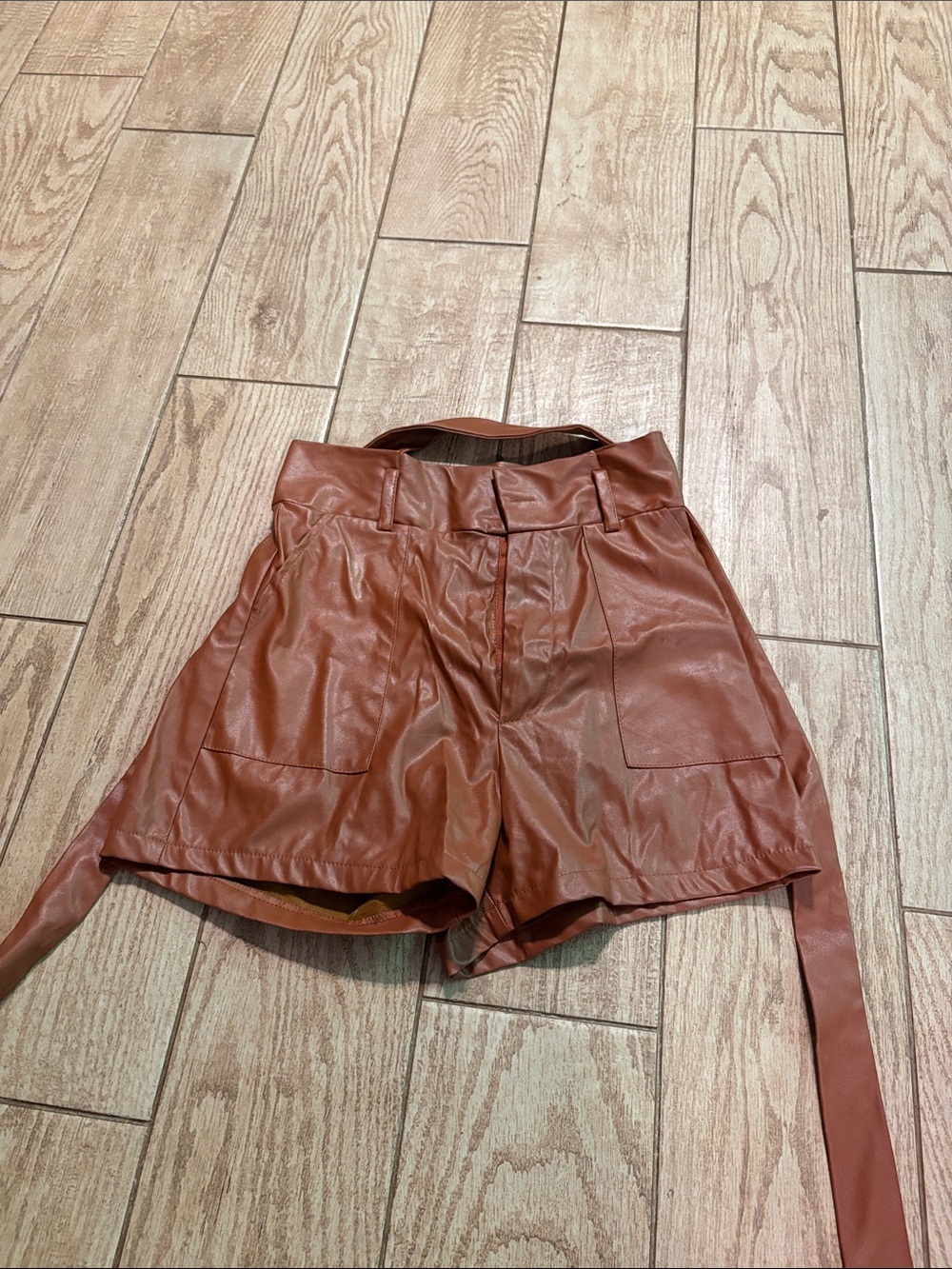 Faux Leather Tie-Waist Shorts — Rust Brown